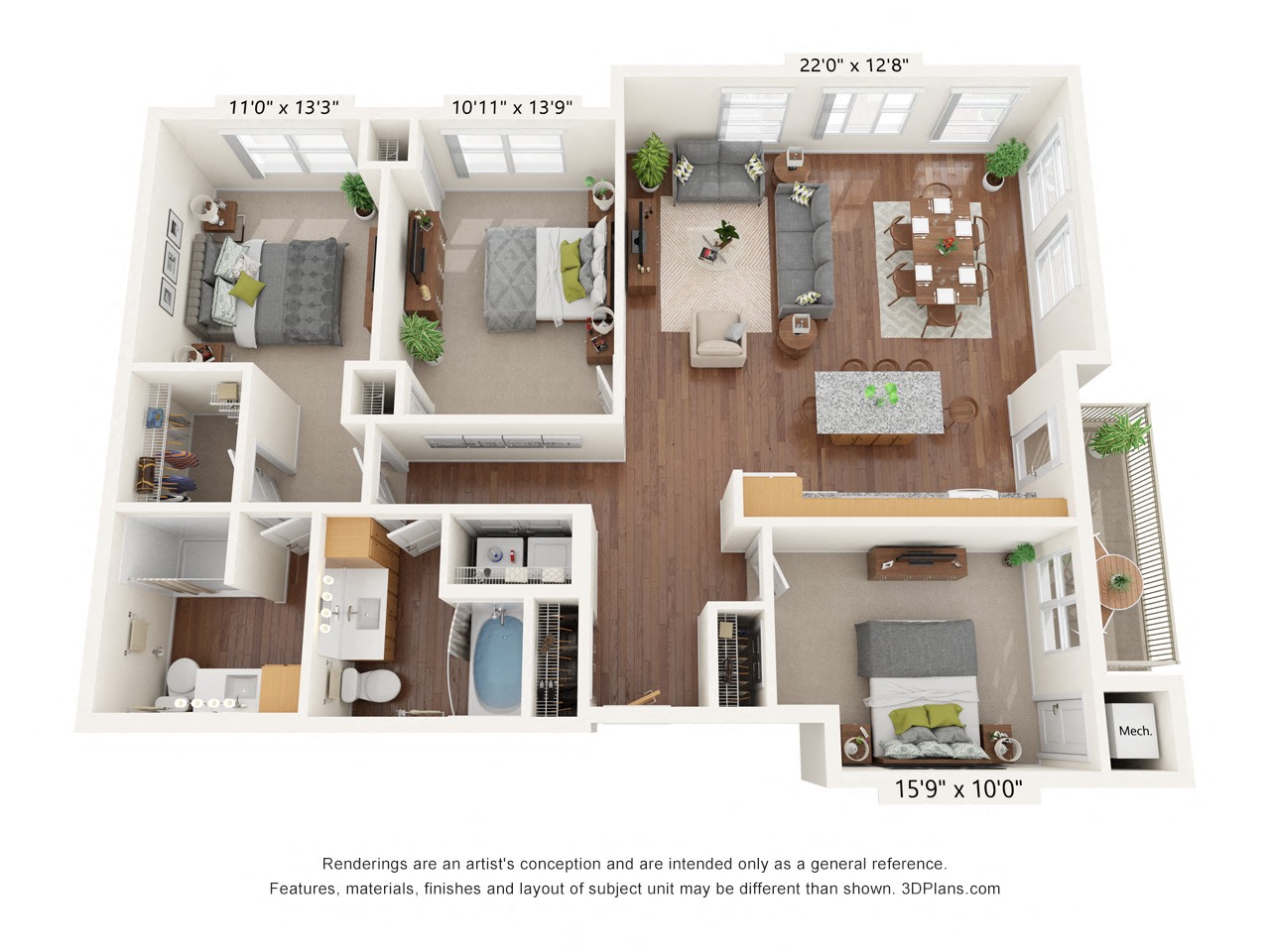 Floor plan for 3 beds, 2 baths, 1321 sqft
